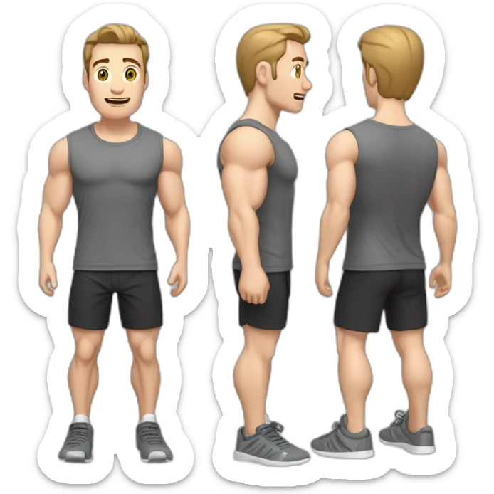Surprised Pale skinned Fit Man With the biceps and dark brown hair in black shirt, gray sports shorts and white Sneakers sticker