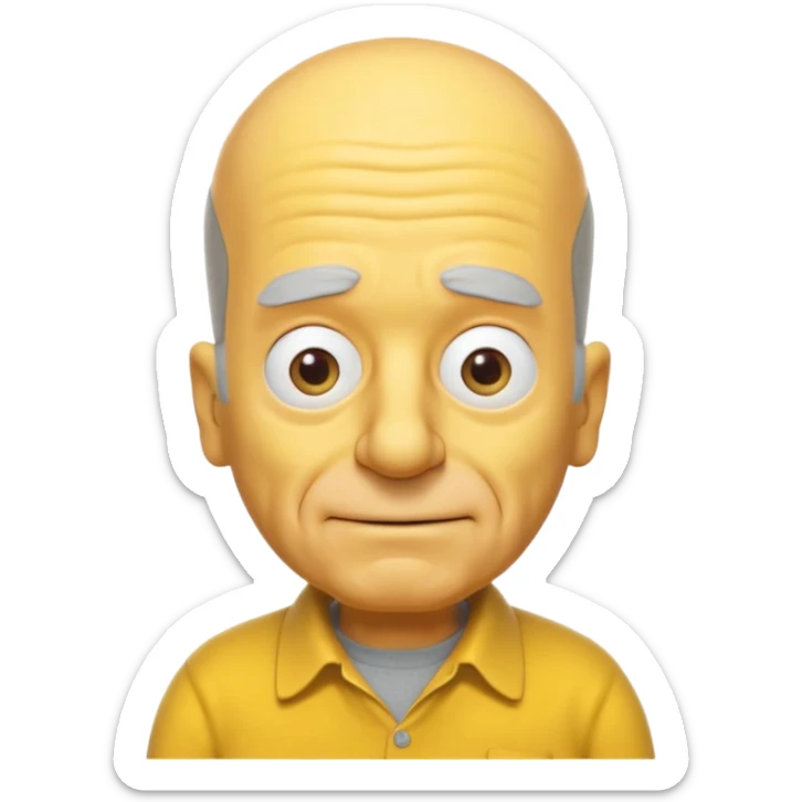 A 3D cartoon close-up portrait of an elderly yellow character styled like Grandpa Simpson, bald head with few tufts of hair, expressive wrinkles, yellow skin and shirt, Memoji-style lighting, matching Simpsons family design. sticker