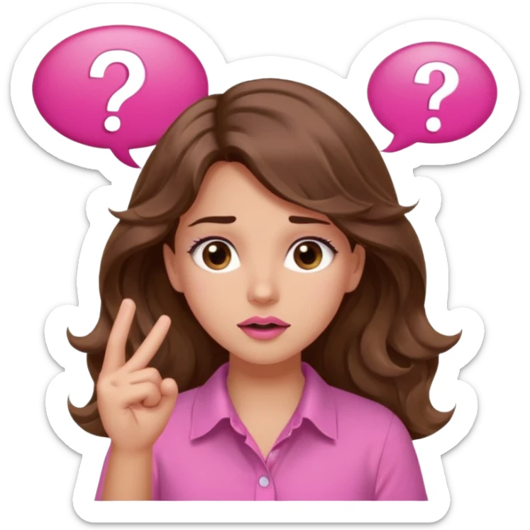 girl with long wavy brown hair, brown eyes, light to medium complexion, in a pink shirt, pink lips, long lashes, shugging, question mark one speech bubble sticker