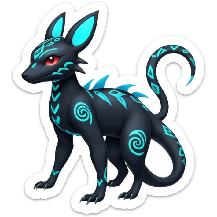 Colorful Neon Exotic Salandit-Aurorus-Umbreon-Fakémon-hybrid-creature (full body) with tribal markings sticker