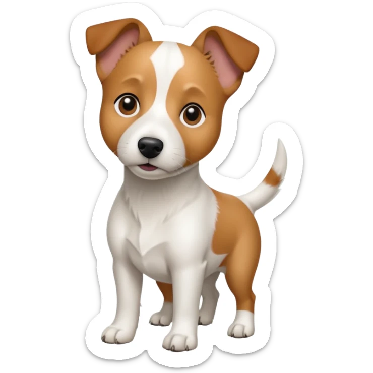 a full body white jack russel looking dog the size of a kelpie with light brown ears and a light brown patch on one eye and a large snout sticker