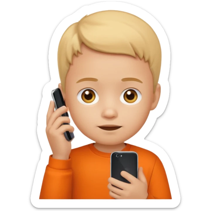 little kid with phone wearing an orange shirt, apple style emoji sticker