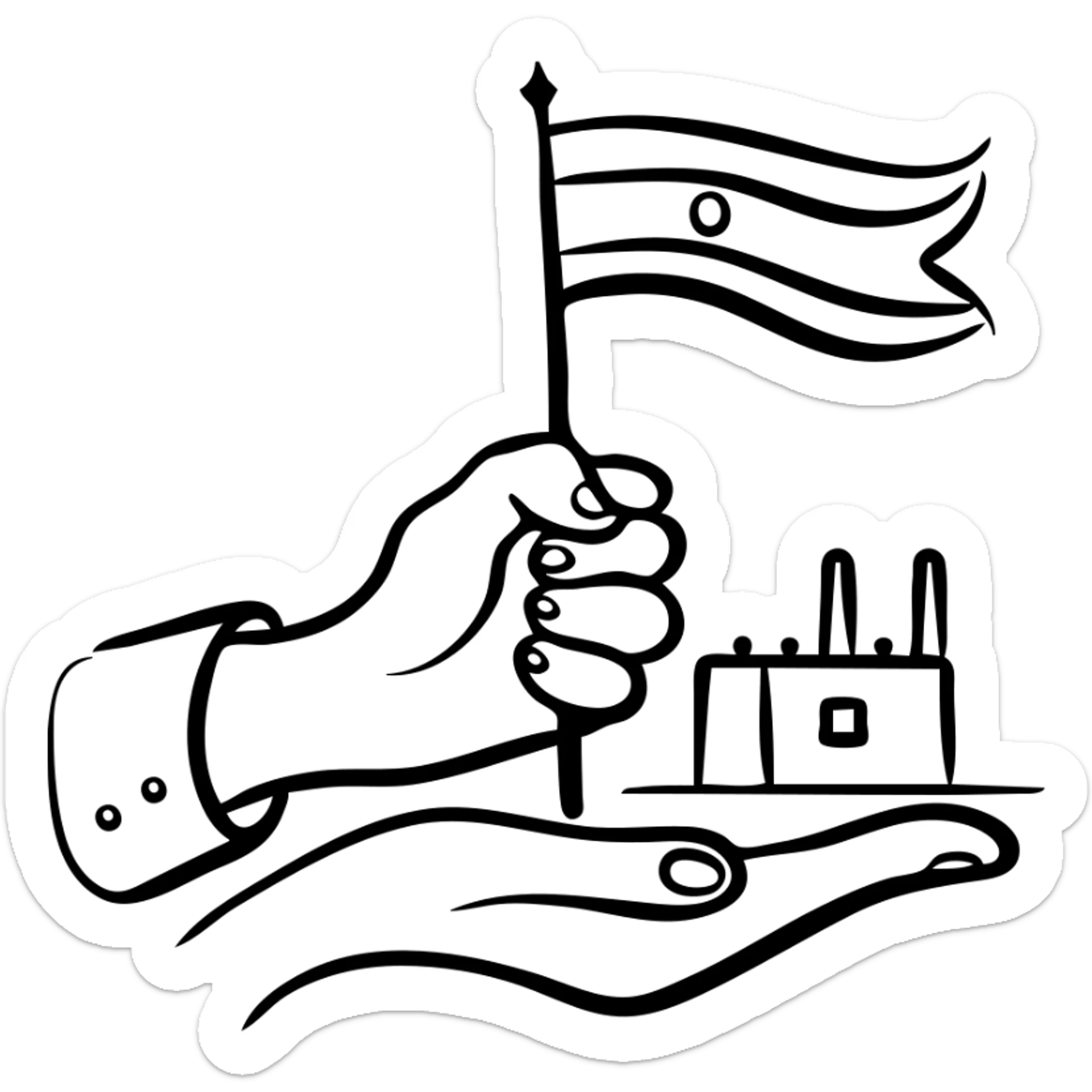 government hand taking control of factory with Indian flag, representing nationalization sticker