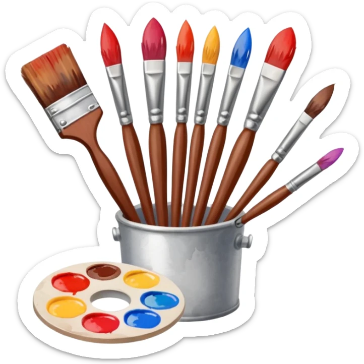 STICKER PINCEAUX ROUGE ET BRUN AVEC PALETTE DE PEINTURE ET TACHE DE PEINTURE sticker