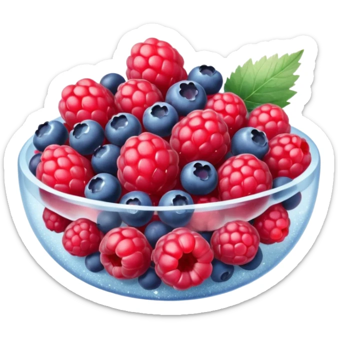 small mix of whole frozen berries including raspberries, strawberries, blueberries, redcurrants, coated with a light frost layer, slightly muted colors and icy sparkle, loosely clustered or lightly scattered, no bag, bowl, or garnish, just the fruits, soft lighting, subtle shadows, emoji scale sticker