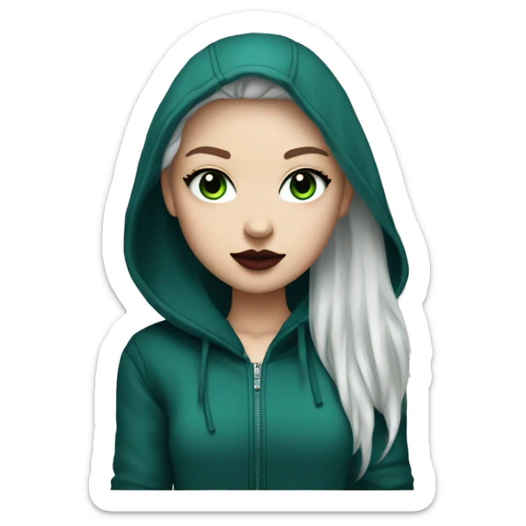 white girl with long bright blue wolf cut hair wearing dark red lipstick, black eyeliner and a green hoodie sticker