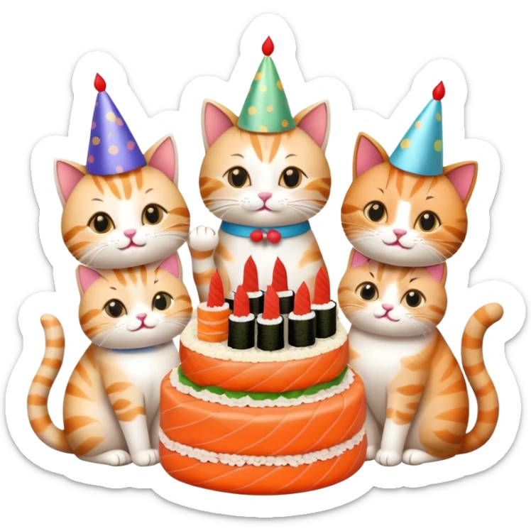 six cats celebrating one cat's birthday party, all cats holding pieces of sushi, birthday cake, party hats, and decorations sticker