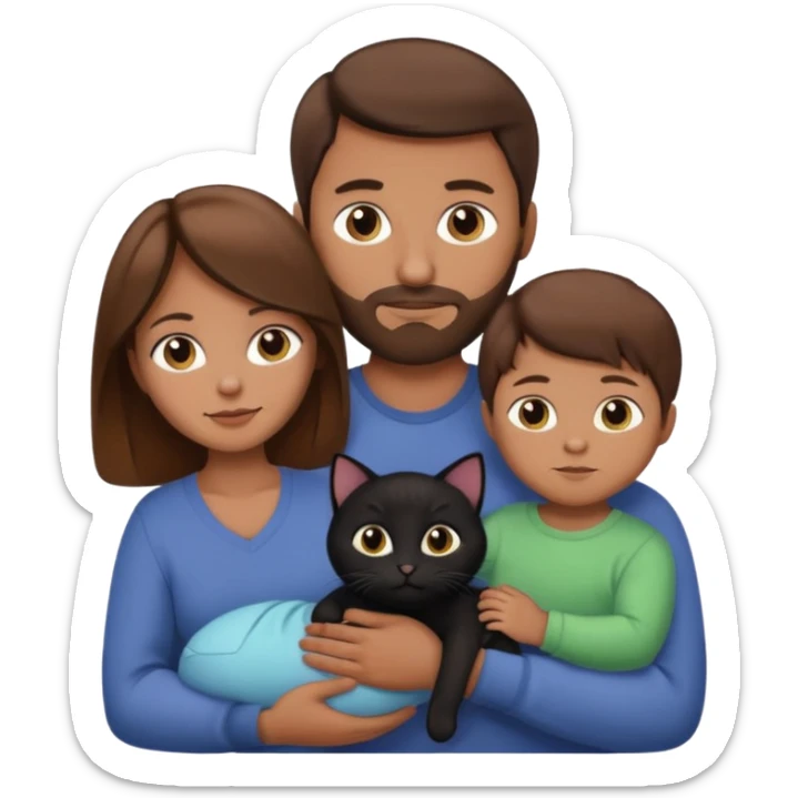 1 mom brown hair, 1 dad NO beard, 1 baby and 1 black cat sticker