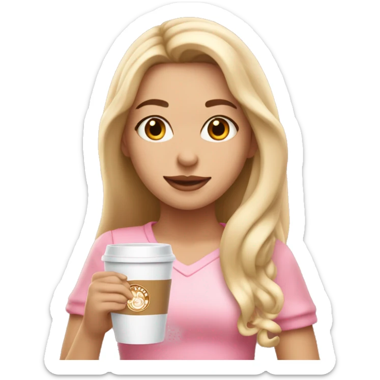 Girl with long blonde hair and brown eyes in pink cute outfit with Cappuccino in her hands sticker