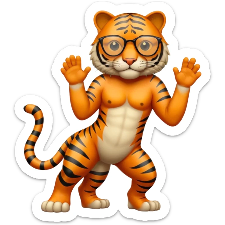 un tigre con gafas oscuras parado en dos patas bravo con la mano en la derecha en la pose: Firme sticker