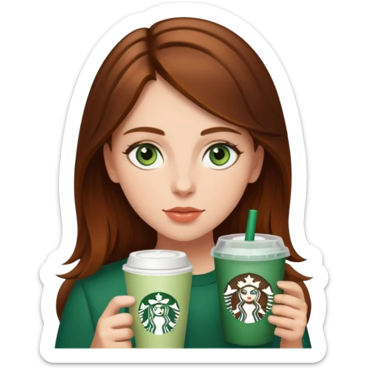 Brown haired girl with green eyes and straight hair drinking Starbucks sticker