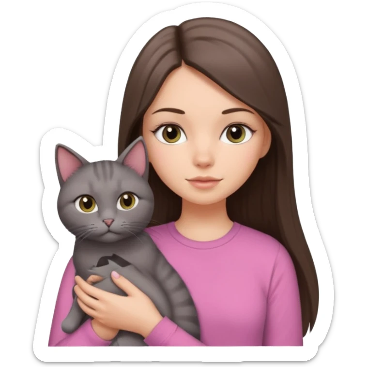 a white girl with brunette long straight hair holding a grey cat. the girl has long lashes and has on a pink shirt. sticker