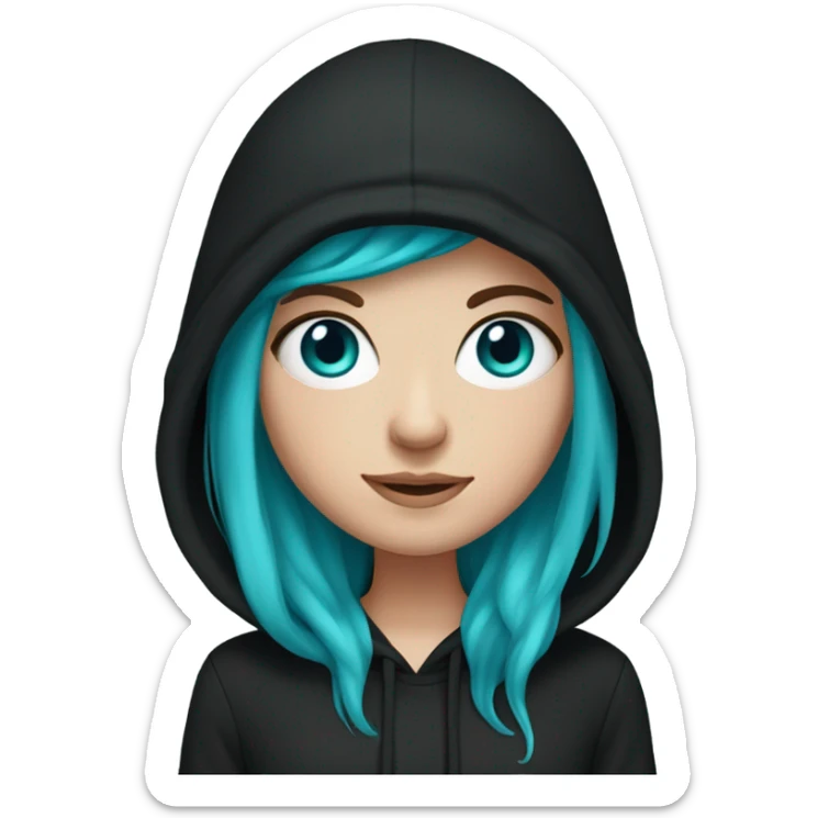 White girl, black hoodie, long teal and purple hair, black beanie hat, blue eyes sticker