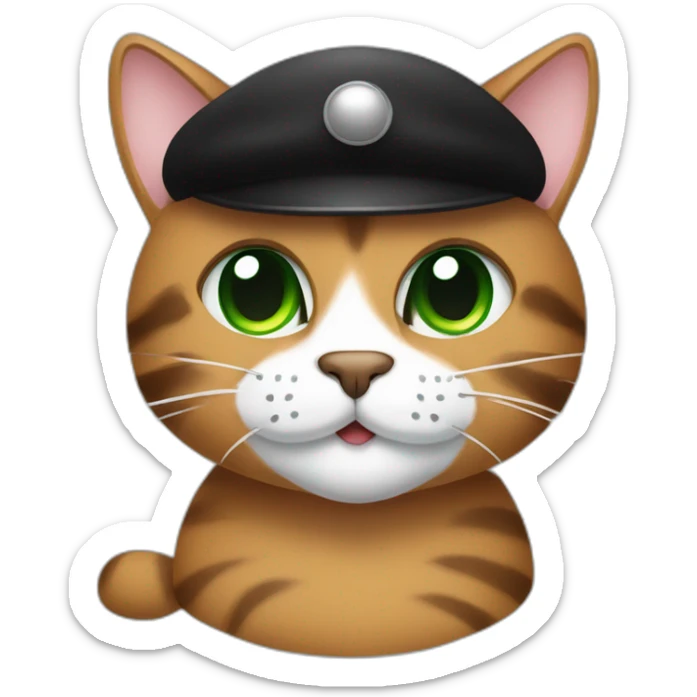 Brown cat with black stripes and white mustache and the contour of the white mouth and green eyes with a brush pencil and a black beret and a color palette sticker