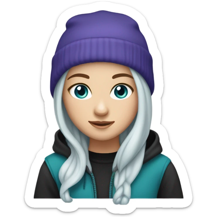 White girl, blue eyes, long teal hair, purple beanie hat, black hoodie, blue jeans, black shoes sticker