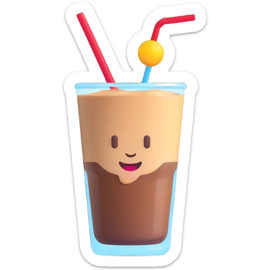 A 3D style emoji of Vietnamese iced coffee in a glass with a straw, and a coffee drop on the glass, with a focus on the coffee color. sticker
