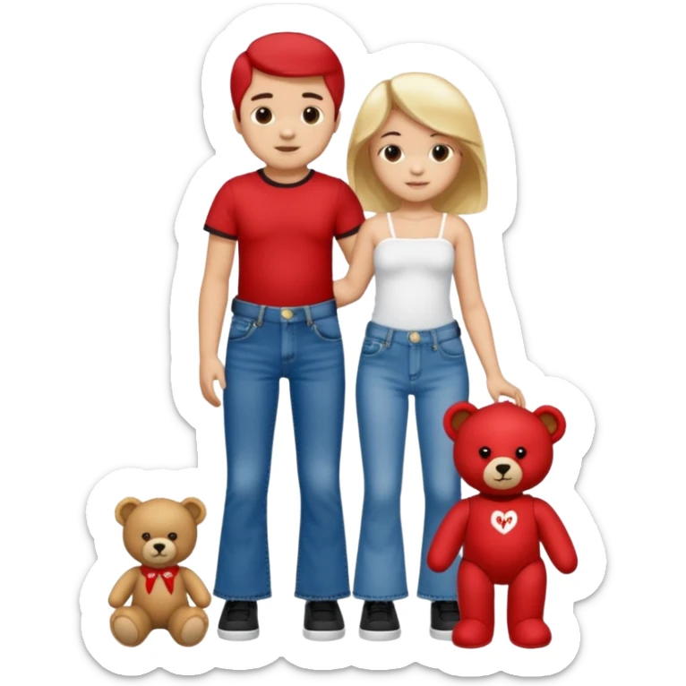 A boy and a girl teddy bear for the boy bear put on true religion shirt and jeans with black shoes and for the girl put flare jeans and a red tube top and white shoes just bears not the humans  sticker