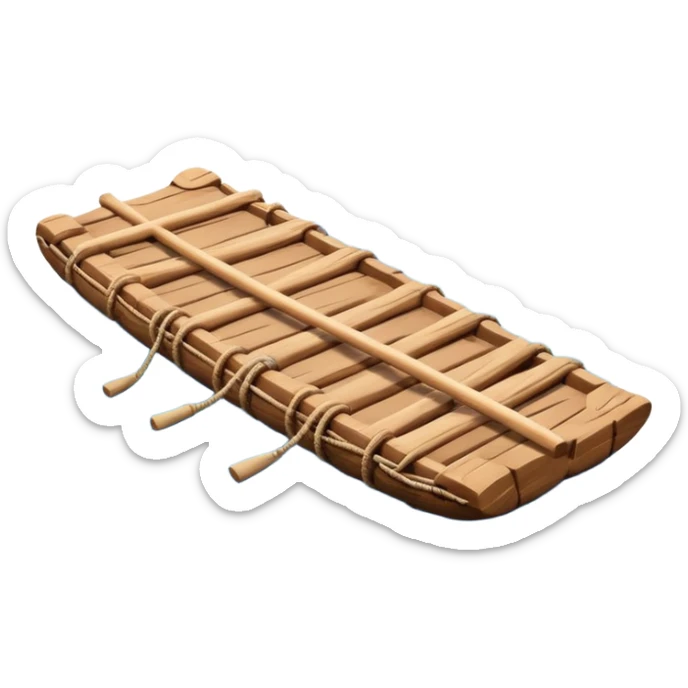 showing a simple wooden raft floating on calm blue water — made of several brown logs tied together with rope — gentle ripples around it — bright, cheerful lighting and soft shadows — minimalist, clean emoji design sticker