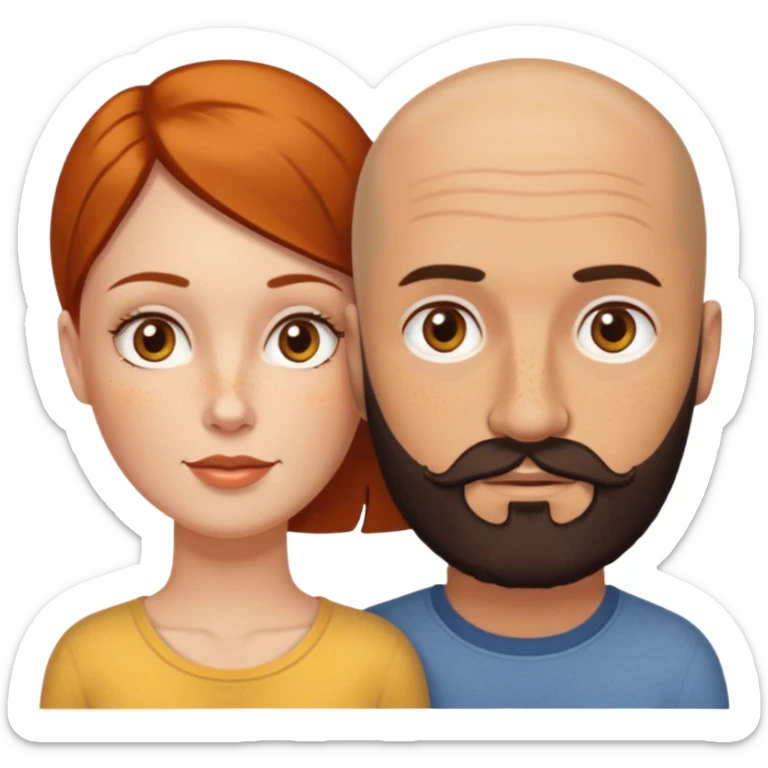 Couple. Bald man with dark brown-black beard. White woman with many small, faded freckles, white skin and she has auburn-yellow-brown-caramel, dark hair. She has light orange-brown eyes. The man have hazel eyes. Retro style. sticker