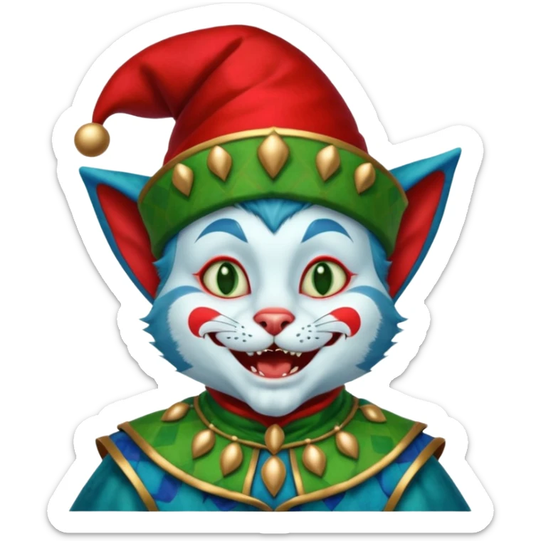 crazy funny colorful cat jolly joker, medieval, vintage, court jester, mac os icon, blue color sticker