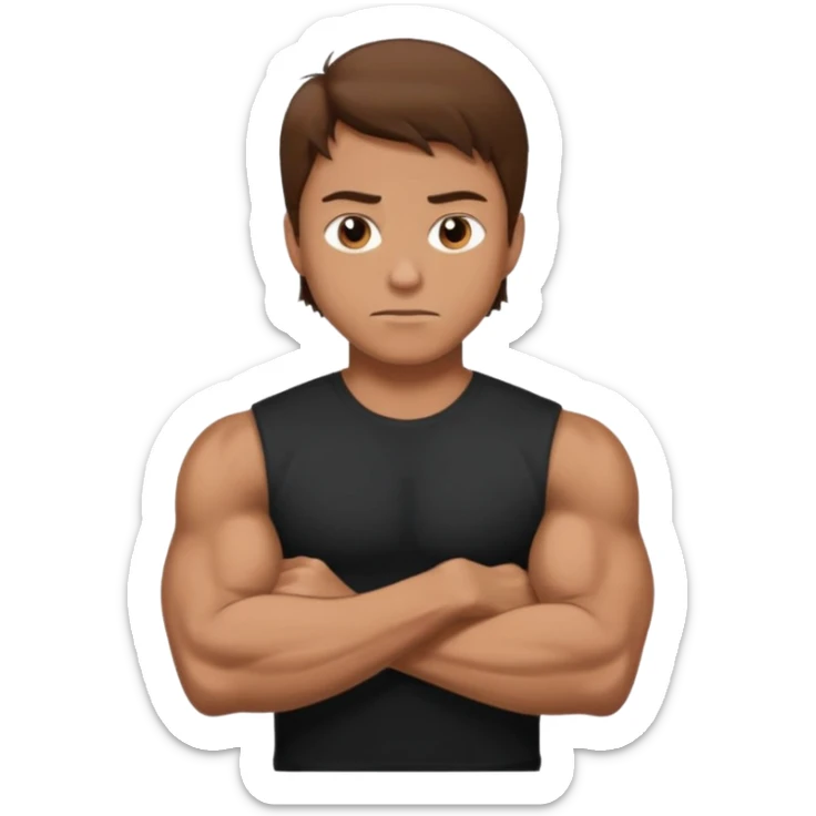 man with brown hair who is strong wearing black t shirt not smiling muscles sticker
