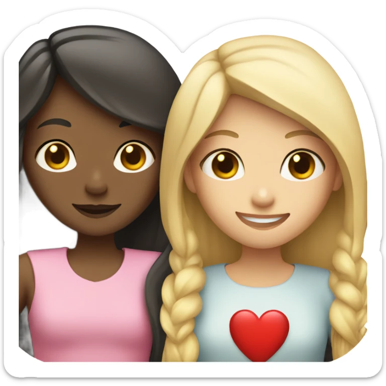 Two girls with dark hair and one with blonde smiling holding a heart sticker