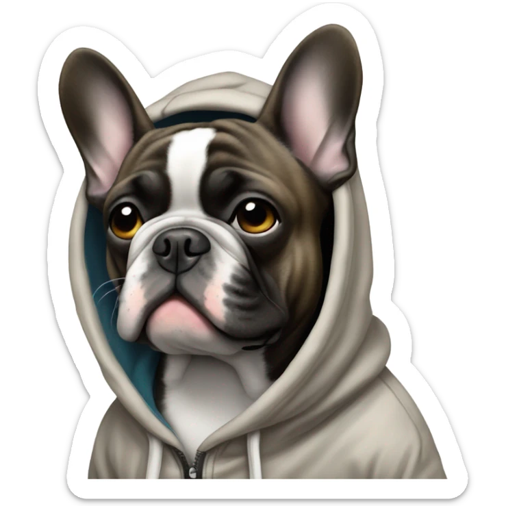 old brindle french bulldog wearing a hoodie sticker