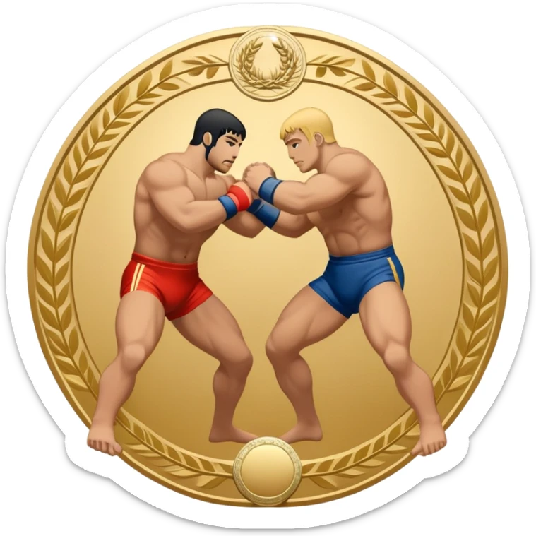An icon symbolizing wrestling combat sports in the style of an emblem. The design features two wrestlers locked in a powerful grapple, one attempting to take the other down. Surrounding the scene are stylized elements like a championship belt, wrestling mat, and a laurel wreath.  sticker