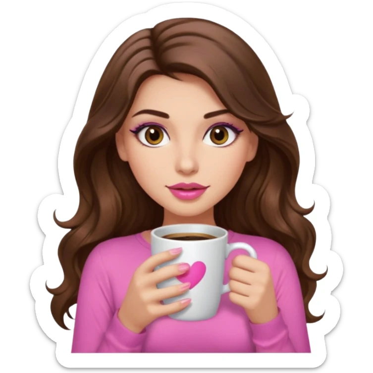 girl with long wavy brown hair, brown eyes, long lashes, makeup ,sexy pink lips, light to medium complexion, pink sexy top, with a coffee mug sticker