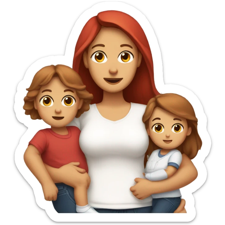 traditional parents with  brown eyes, brown hair and beard, mother wearing t-shirt and pants, and red long hair, and one baby on her arms sticker
