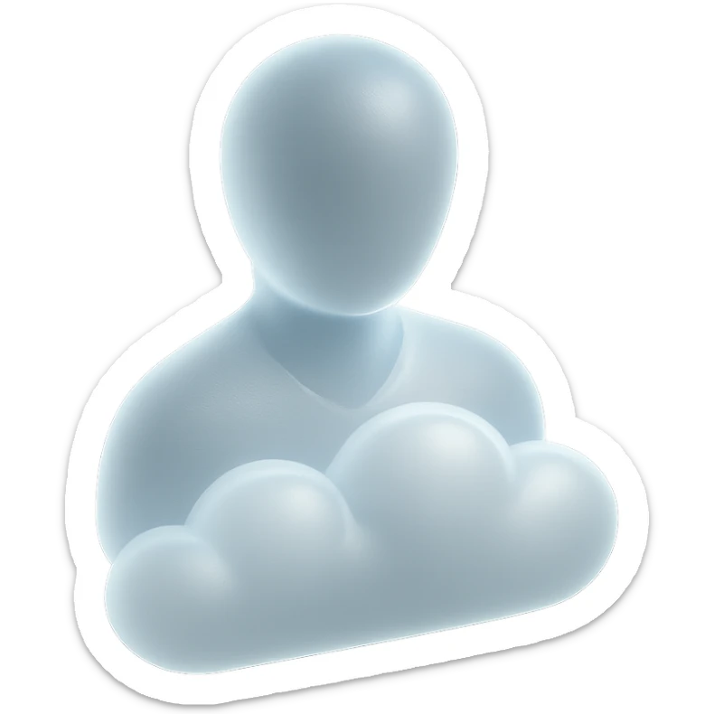 front view portrait of a person, shoulders up, body made of white convex clouds, matte glass style sticker