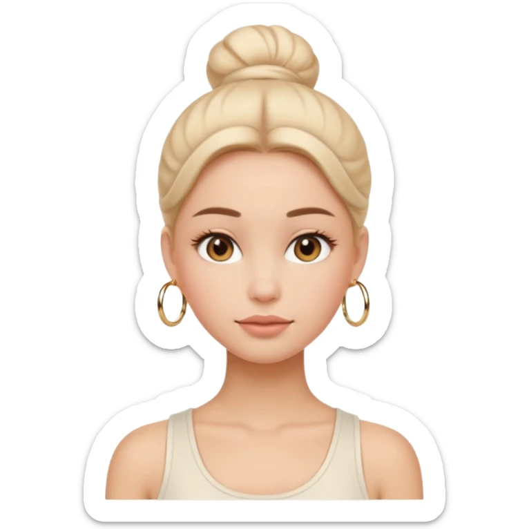 “Emoji girl, flawless skin, light peach blush, natural fluffy brows, glossy nude lips, sleek low bun, small gold hoops, minimalist white tank top.” sticker