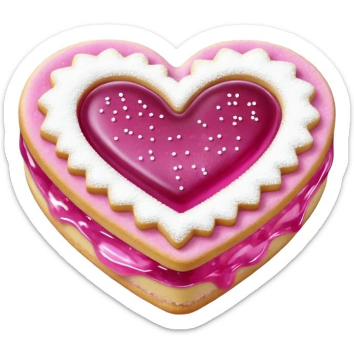 Realistic shortbread cookie in the shape of a heart with light margenta jelly middle filling and sprinkled powder sugar on top. sticker