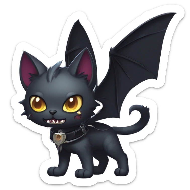   cool edgy kawaii ethereal dark-punk-themed animal vampiric cat-hybrid Fakemon with fangs and bat-wing-ears with a collar full body sticker