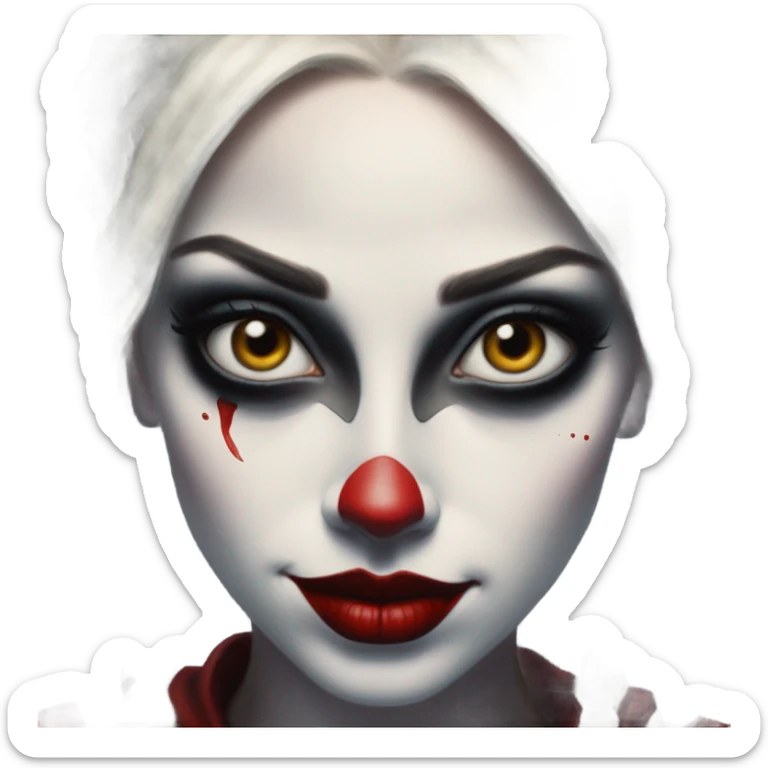 Dalahäst in Harley Quinn style, oil paint, mysterious eyes, intricate lips, masterpiece portrait, odd perspective, beautiful, desirable, logical sticker