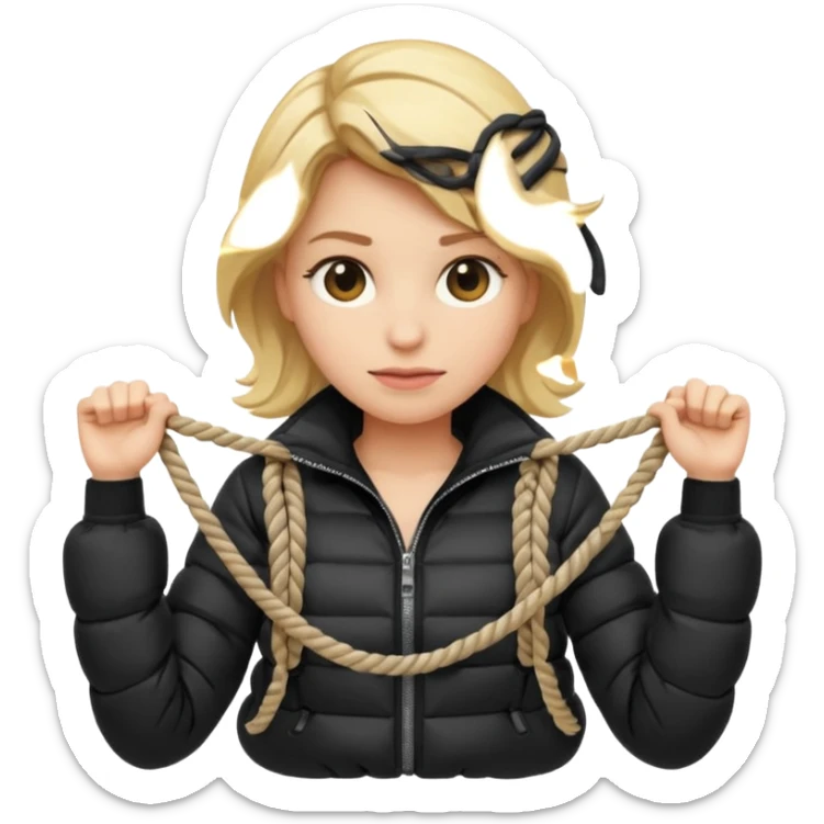 blond female emoji wearing a black down jacket, arms behind the back and ropes tying it sticker