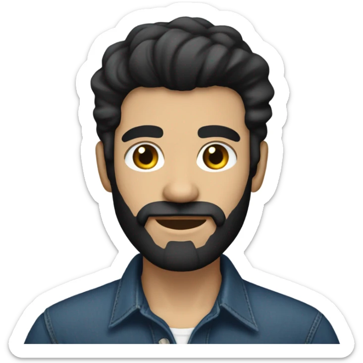 person with a black beard. No moustache. White skin tone. Nice black hair. Denim dark blue shirt sticker