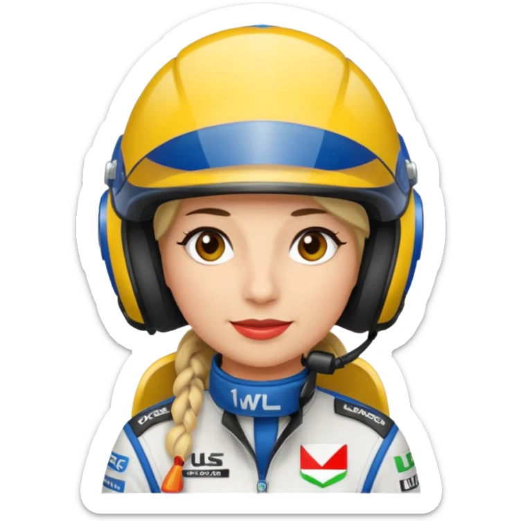 Je souhaiterai un emoji d'une femme, pilote de rallye WRC qui porte un casque et une combinaison aux couleurs de la marque LU sticker
