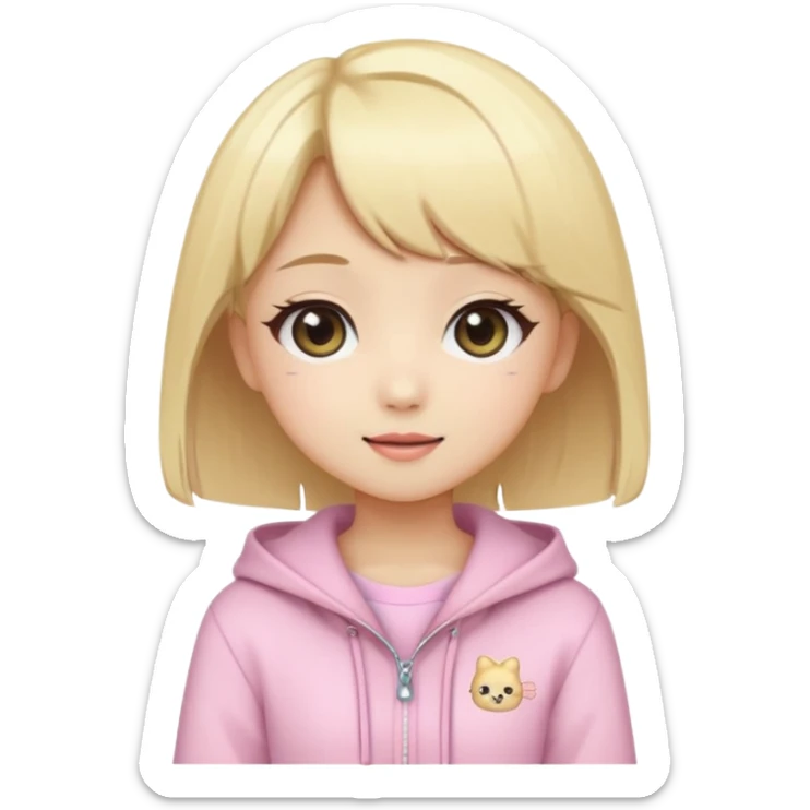 Cute kawaii emoji-style Japanese K-pop girl, blonde hair, trendy K-pop outfit with Japanese cute fashion vibes, big sparkling eyes, chibi proportions, clean lineart, pastel colors, cheerful idol smile, sticker/emoji style, transparent background sticker