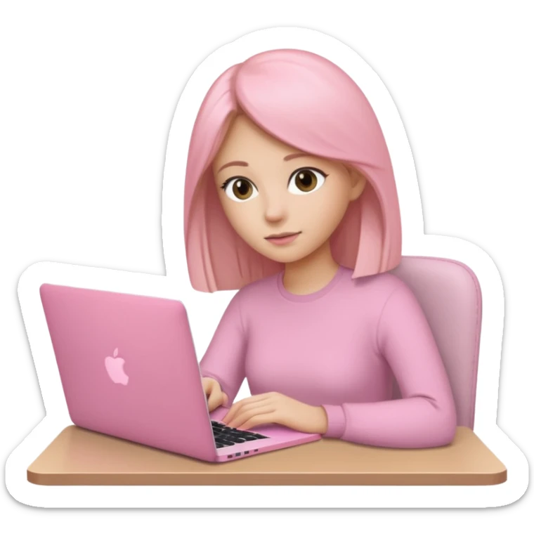 Chica lacia en una MacBook rosa investigando y haciendo tareas sticker