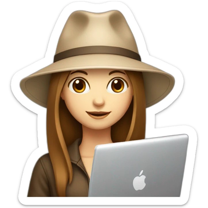 white skin, Girl with a hat, brown hair straight to the shoulders, holding a laptop sticker