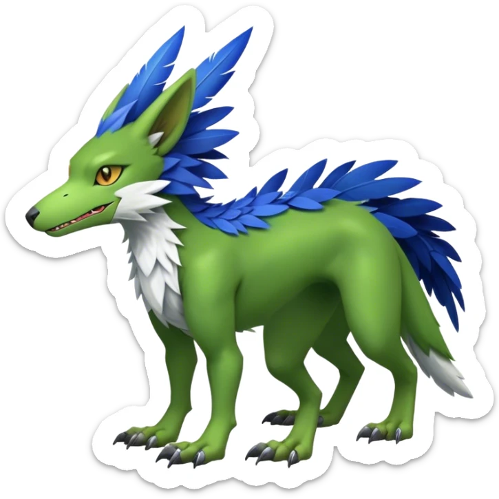 Cute cool fantasy animal hybrid bat-Sergal-Digimon-Fakemon full body, green scales, brown eyes, blue feathers sticker