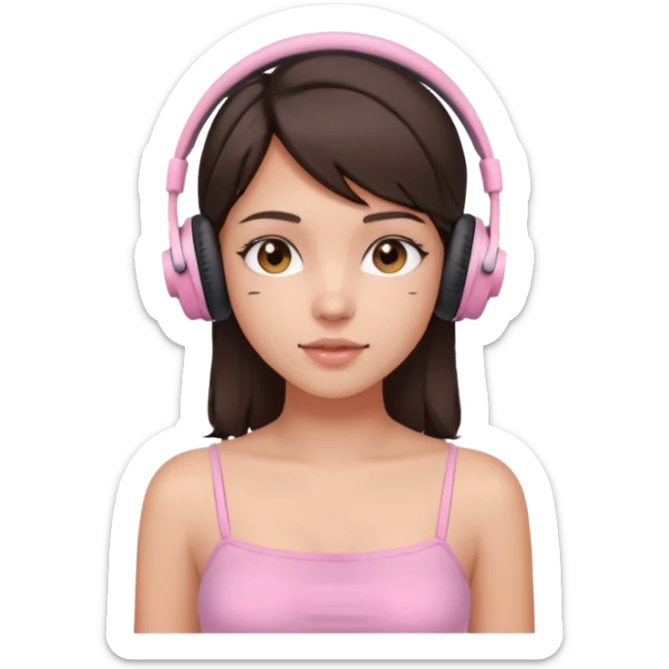 aesthetic brunette girl in light pink tube top shirt with headphones on sticker