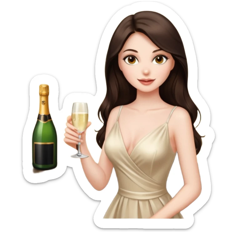 Sexy brunette woman long dark brown hair, hazel eyes, pale skin toasting with champagne sticker