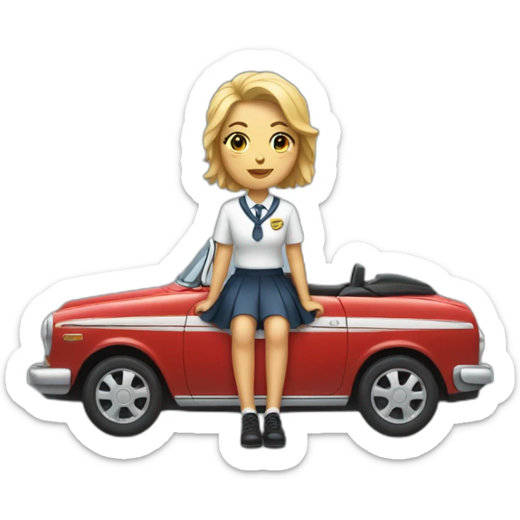 A woman in a school uniform sitting legs crossed on the hood of a car sticker