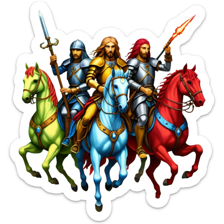 solarpunk ultra HD style, oil - The Four Horsemen of the Apocalypse, based on a graphic by Albrecht Dürer sticker