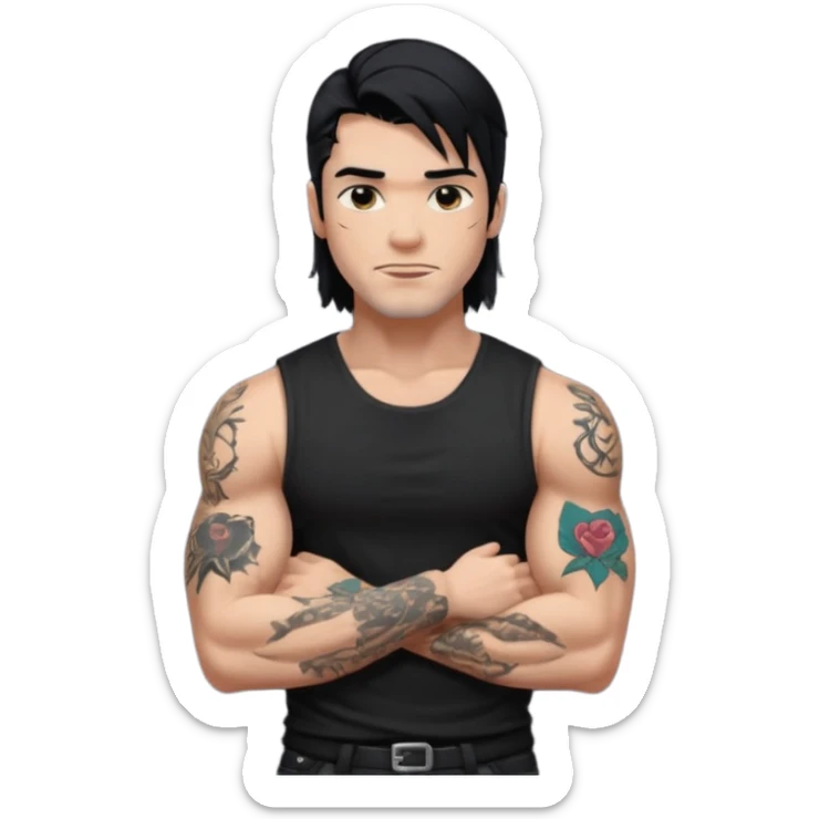 a guy with mullet and tattoos. Black hair.lean but Muscled. wearing a black sleeveless tee sticker
