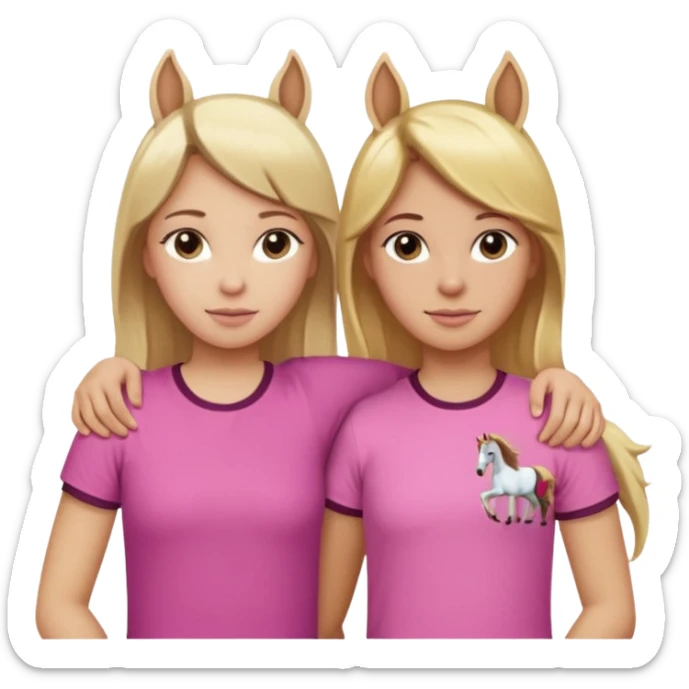 Two Girls with their arms around each other at summer camp one blonde one brown hair brown hair wearing pink horse shirt no horse ears sticker
