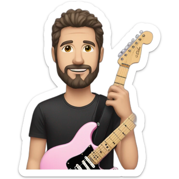 white man with dark beard and black t shirt and pastel pink stratocaster electric guitar sticker