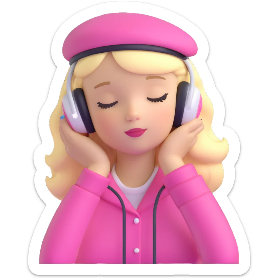 blonde American girl wearing a pink beret and AirPods Max headphones, listening to music with closed eyes sticker